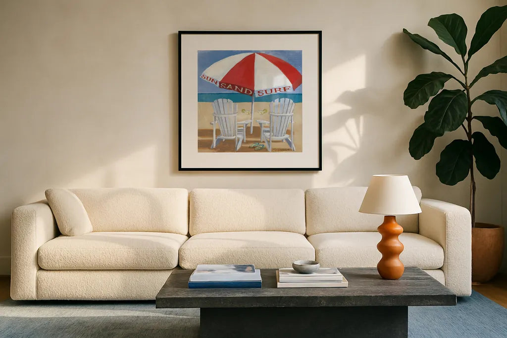 A Day at the Beach IV by Kathrine Lovell. Displayed in a glass frame with matte in a clean modern living room. Available as an archival giclee rolled canvas, fine art paper, or poster print. SKU 2966a.