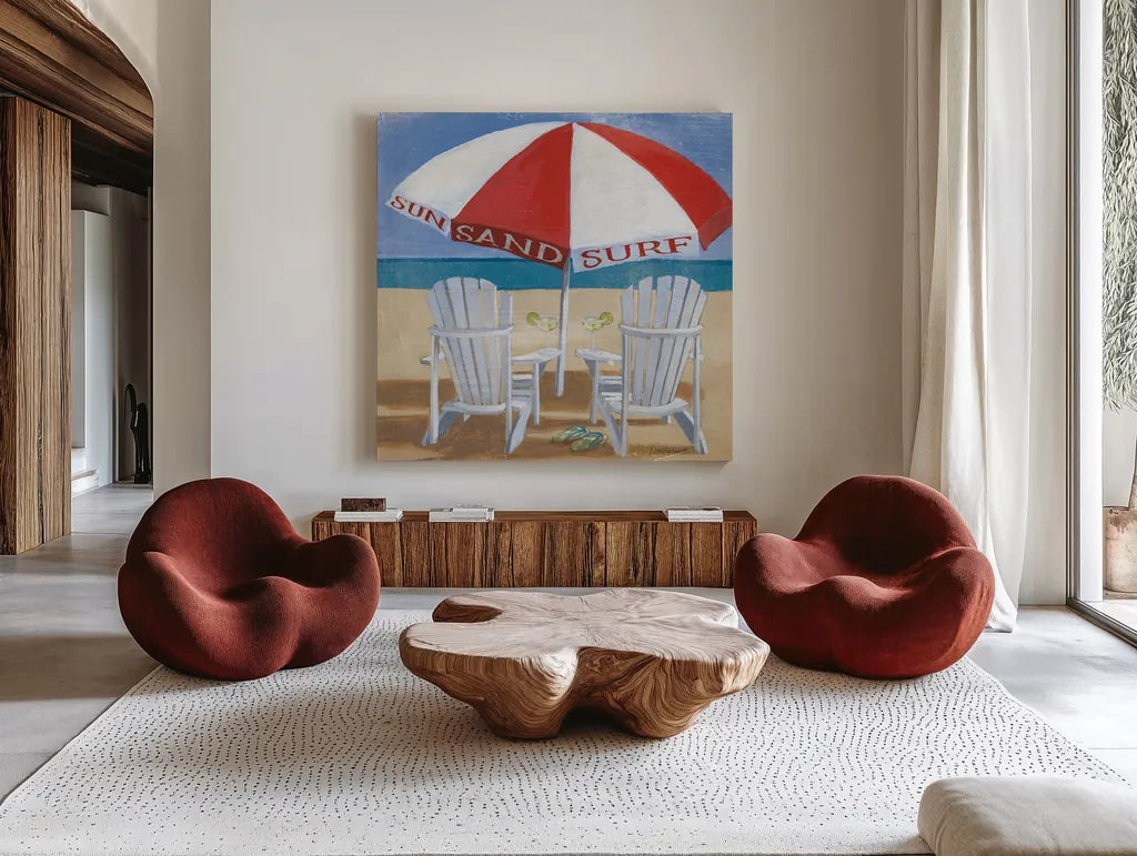 A Day at the Beach IV by Kathrine Lovell. Shown as extra-large giant wall art in a modern living room. Available as an archival giclee rolled canvas, fine art paper, or poster print. SKU 2966a.