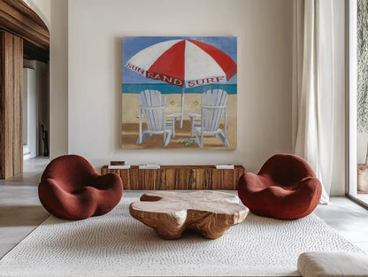 A Day at the Beach IV by Kathrine Lovell. Shown as extra-large giant wall art in a modern living room. Available as an archival giclee rolled canvas, fine art paper, or poster print. SKU 2966a.