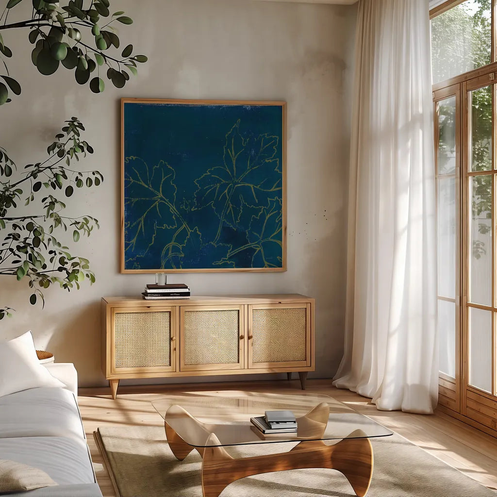 Abstract 11F by Kathrine Lovell. Shown in a natural wood frame in a cozy modern living room. Available as an archival giclee rolled canvas, fine art paper, or poster print. SKU 22418a.