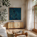 Abstract 12E by Kathrine Lovell. Shown in a natural wood frame in a cozy modern living room. Available as an archival giclee rolled canvas, fine art paper, or poster print. SKU 22416a.
