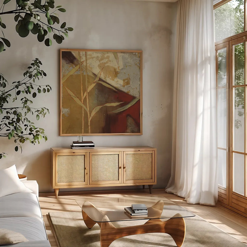 Abstract 9A by Kathrine Lovell. Shown in a natural wood frame in a cozy modern living room. Available as an archival giclee rolled canvas, fine art paper, or poster print. SKU 42544a.