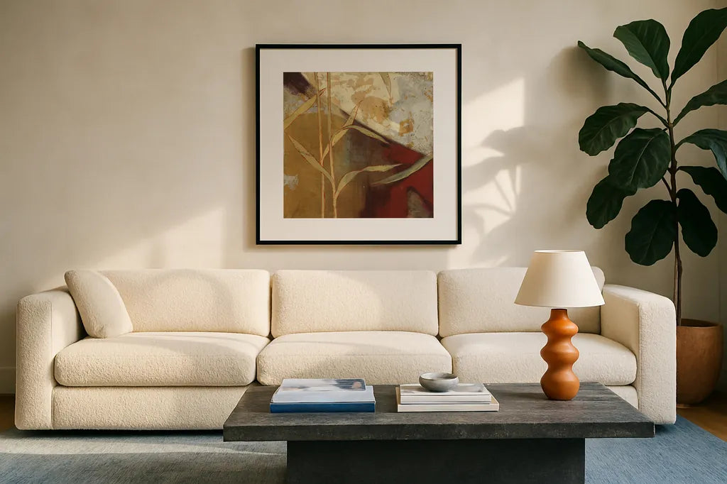 Abstract 9A by Kathrine Lovell. Displayed in a glass frame with matte in a clean modern living room. Available as an archival giclee rolled canvas, fine art paper, or poster print. SKU 42544a.