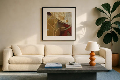 Abstract 9A by Kathrine Lovell. Displayed in a glass frame with matte in a clean modern living room. Available as an archival giclee rolled canvas, fine art paper, or poster print. SKU 42544a.