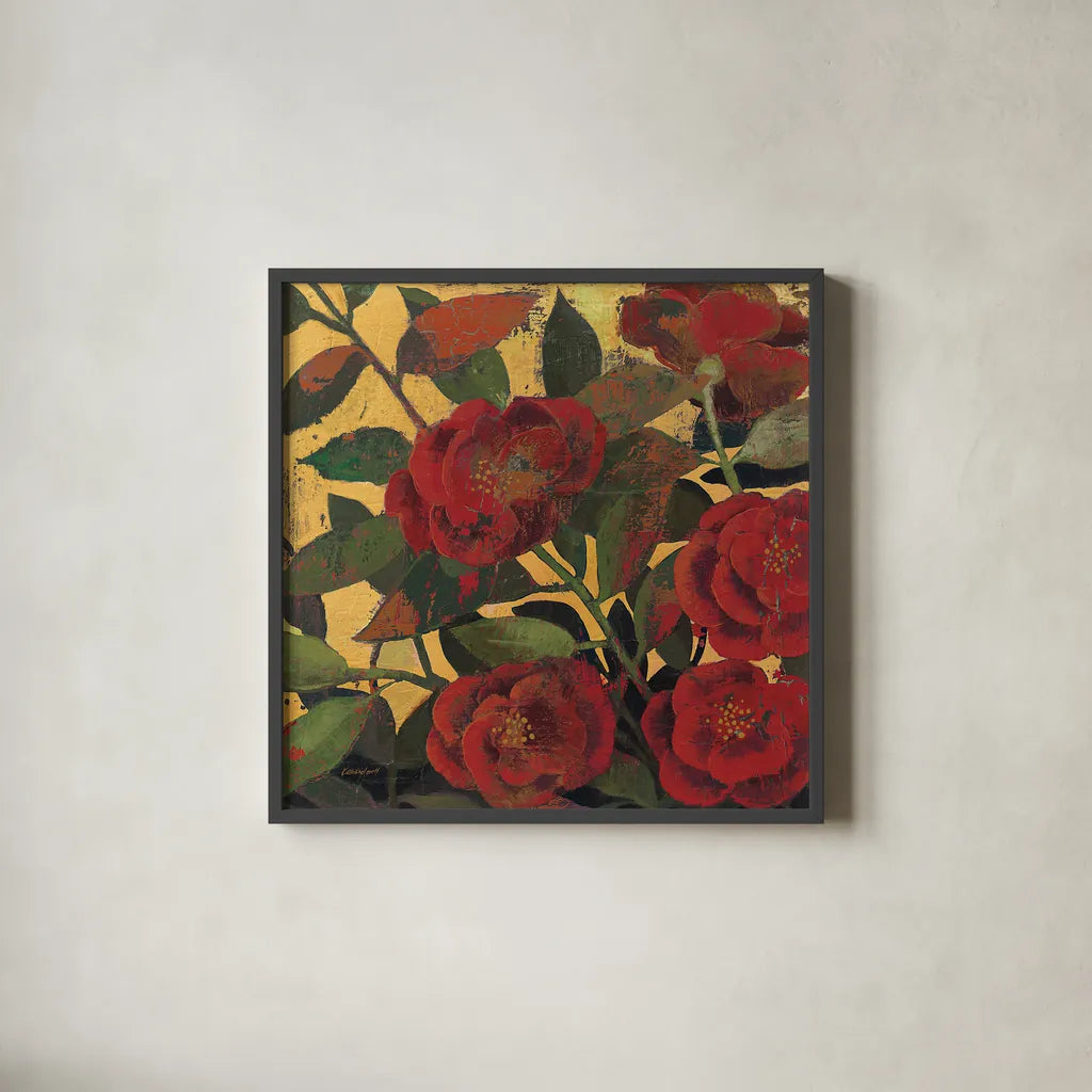 Abundant Roses I Spice by Kathrine Lovell. Shown in a sleek black glass frame for a contemporary gallery look. Available as an archival giclee rolled canvas, fine art paper, or poster print. SKU 10891a.