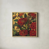 Abundant Roses I Spice by Kathrine Lovell. Shown in a natural wood glass frame for a timeless modern aesthetic. Available as an archival giclee rolled canvas, fine art paper, or poster print. SKU 10891a.