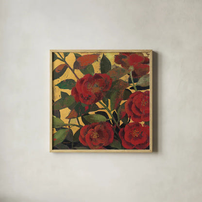 Abundant Roses I Spice by Kathrine Lovell. Shown in a natural wood glass frame for a timeless modern aesthetic. Available as an archival giclee rolled canvas, fine art paper, or poster print. SKU 10891a.