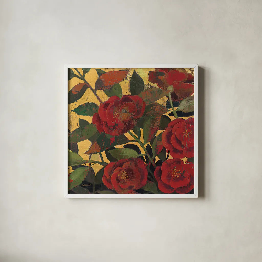 Abundant Roses I Spice by Kathrine Lovell. Shown in a crisp white glass frame for a clean and minimalist style. Available as an archival giclee rolled canvas, fine art paper, or poster print. SKU 10891a.