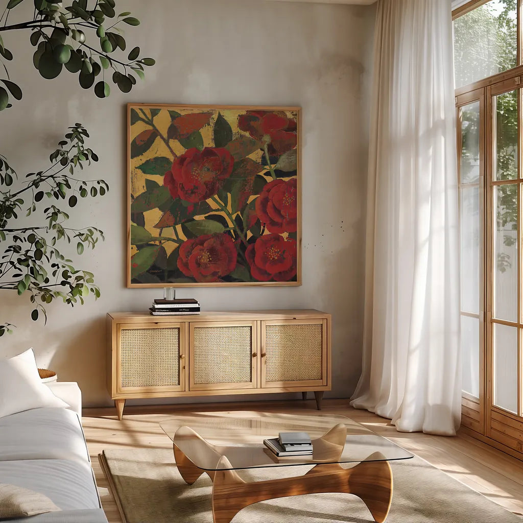 Abundant Roses I Spice by Kathrine Lovell. Shown in a natural wood frame in a cozy modern living room. Available as an archival giclee rolled canvas, fine art paper, or poster print. SKU 10891a.