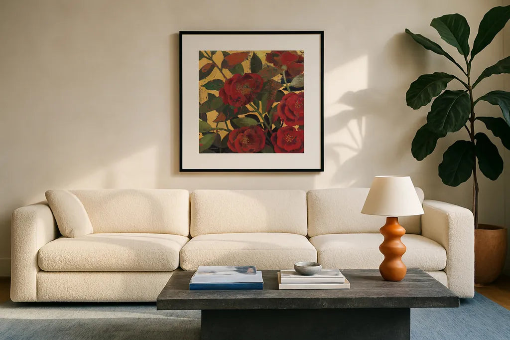Abundant Roses I Spice by Kathrine Lovell. Displayed in a glass frame with matte in a clean modern living room. Available as an archival giclee rolled canvas, fine art paper, or poster print. SKU 10891a.