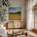 Across from Pond Bridge by Kathrine Lovell. Shown in a natural wood frame in a cozy modern living room. Available as an archival giclee rolled canvas, fine art paper, or poster print. SKU 58639a.