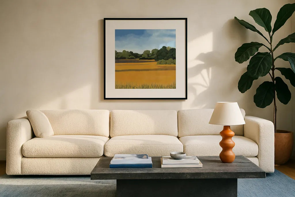 Across from Pond Bridge by Kathrine Lovell. Displayed in a glass frame with matte in a clean modern living room. Available as an archival giclee rolled canvas, fine art paper, or poster print. SKU 58639a.