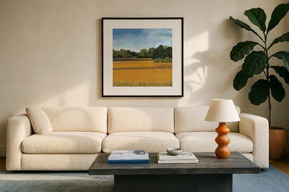 Across from Pond Bridge by Kathrine Lovell. Displayed in a glass frame with matte in a clean modern living room. Available as an archival giclee rolled canvas, fine art paper, or poster print. SKU 58639a.