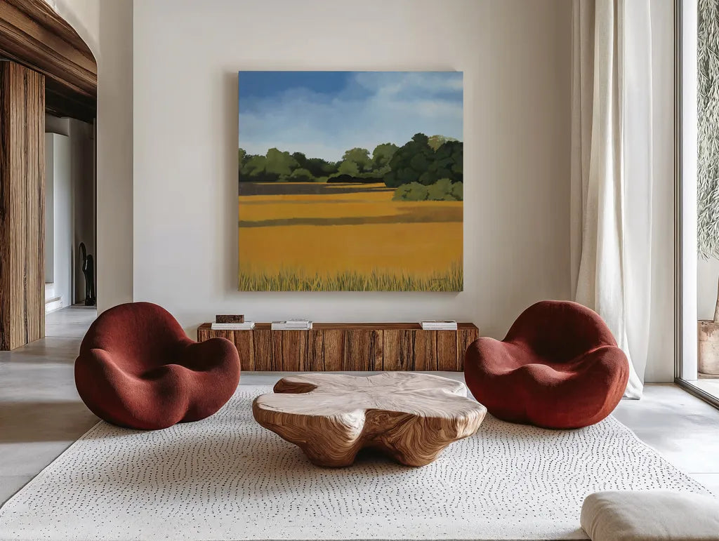 Across from Pond Bridge by Kathrine Lovell. Shown as extra-large giant wall art in a modern living room. Available as an archival giclee rolled canvas, fine art paper, or poster print. SKU 58639a.