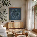 Adire III by Kathrine Lovell. Shown in a natural wood frame in a cozy modern living room. Available as an archival giclee rolled canvas, fine art paper, or poster print. SKU 39399a.