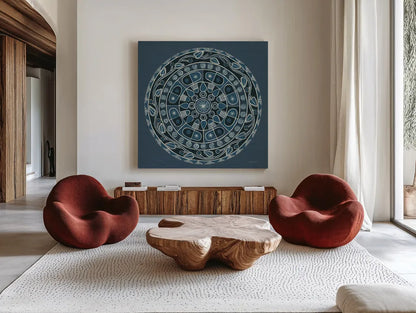 Adire IV Cream by Kathrine Lovell. Shown as extra-large giant wall art in a modern living room. Available as an archival giclee rolled canvas, fine art paper, or poster print. SKU 41630a.