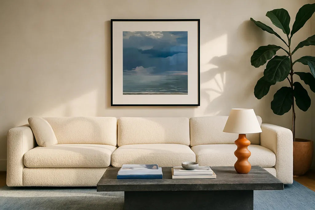 Afternoon Storm by Kathrine Lovell. Displayed in a glass frame with matte in a clean modern living room. Available as an archival giclee rolled canvas, fine art paper, or poster print. SKU 58641a.
