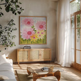 Annabelles Garden II by Kathrine Lovell. Shown in a natural wood frame in a cozy modern living room. Available as an archival giclee rolled canvas, fine art paper, or poster print. SKU 85240a.