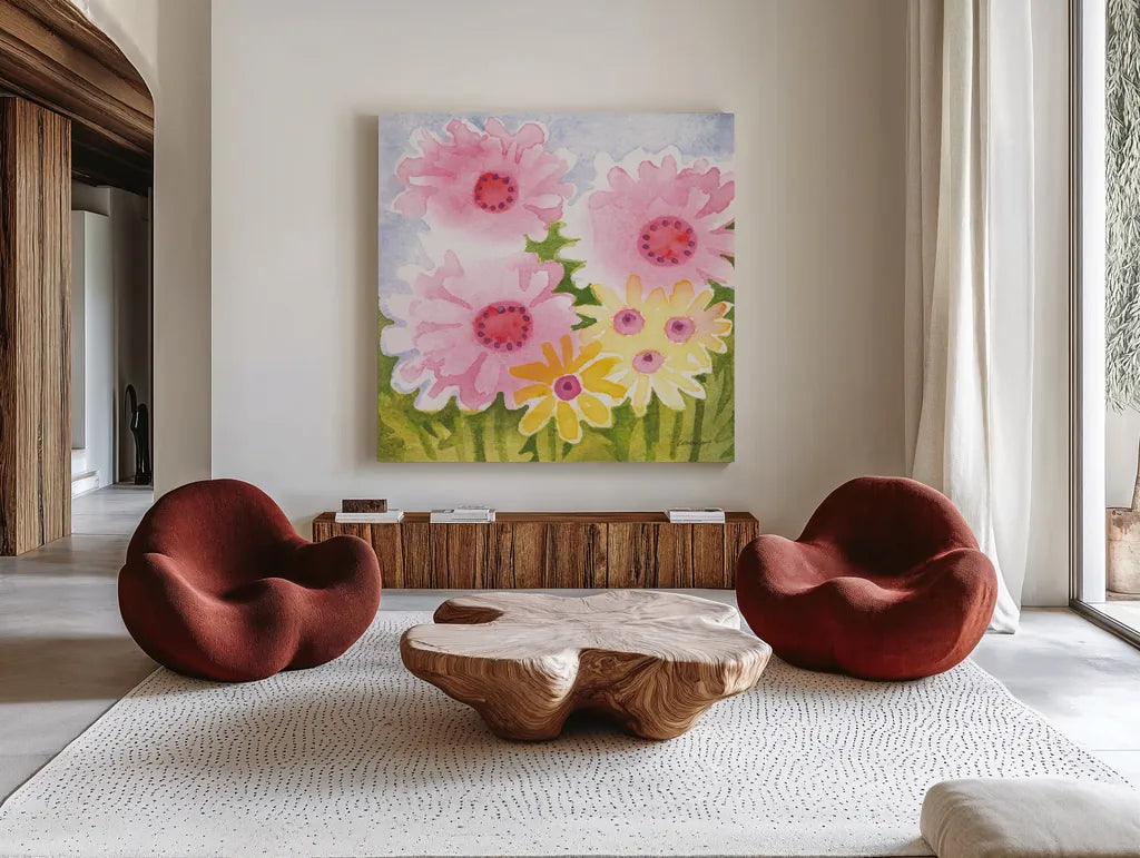 Annabelles Garden II by Kathrine Lovell. Shown as extra-large giant wall art in a modern living room. Available as an archival giclee rolled canvas, fine art paper, or poster print. SKU 85240a.