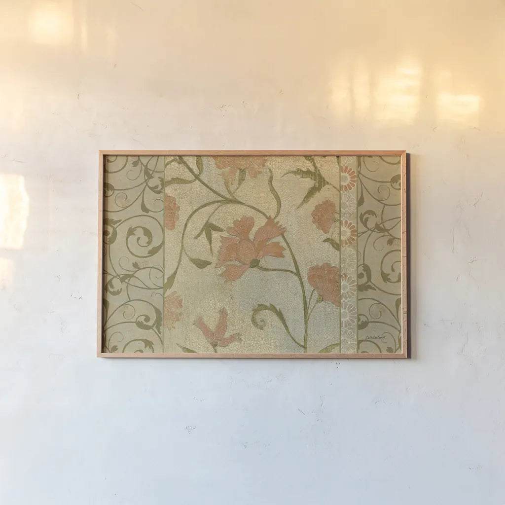 Antique Floral Vine by Kathrine Lovell. shown as a paper print in a natural frame. Available as a archival giclee rolled canvas, fine art paper, or poster print. SKU 9274i.