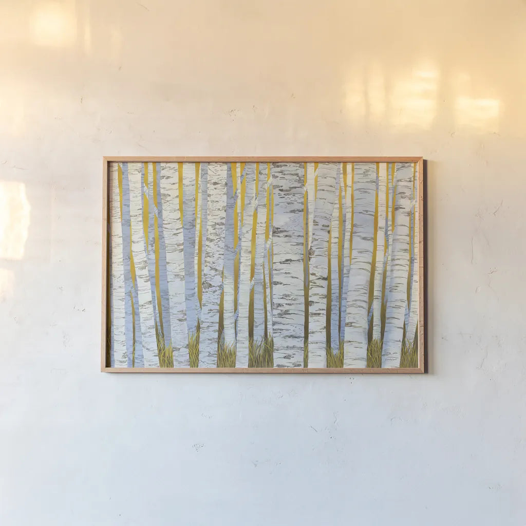 Aspen Grove by Kathrine Lovell. shown as a paper print in a natural frame. Available as a archival giclee rolled canvas, fine art paper, or poster print. SKU 60264i.