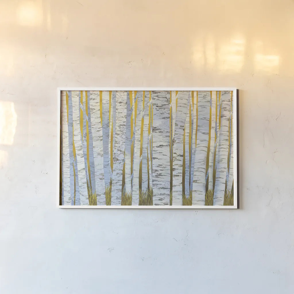 Aspen Grove by Kathrine Lovell. shown as a paper print in a white frame. Available as a archival giclee rolled canvas, fine art paper, or poster print. SKU 60264i.