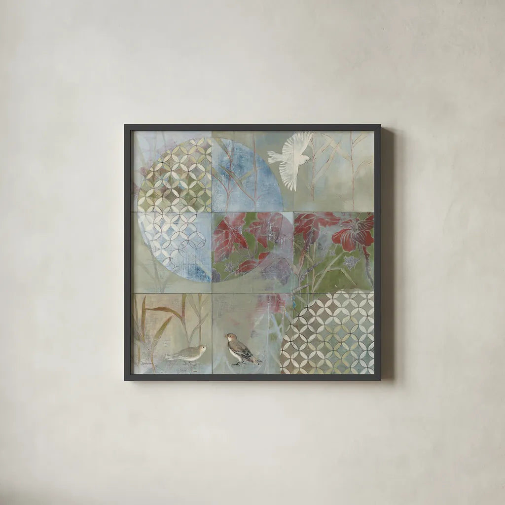 Bird Abstract by Kathrine Lovell. Shown in a sleek black glass frame for a contemporary gallery look. Available as an archival giclee rolled canvas, fine art paper, or poster print. SKU 42546a.