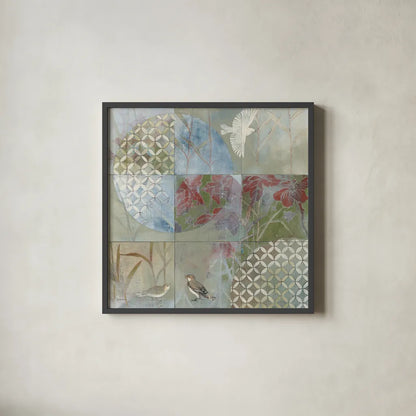 Bird Abstract by Kathrine Lovell. Shown in a sleek black glass frame for a contemporary gallery look. Available as an archival giclee rolled canvas, fine art paper, or poster print. SKU 42546a.