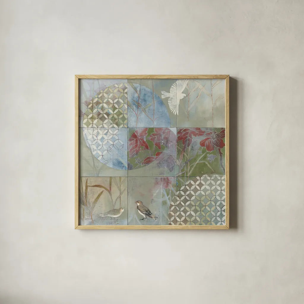 Bird Abstract by Kathrine Lovell. Shown in a natural wood glass frame for a timeless modern aesthetic. Available as an archival giclee rolled canvas, fine art paper, or poster print. SKU 42546a.