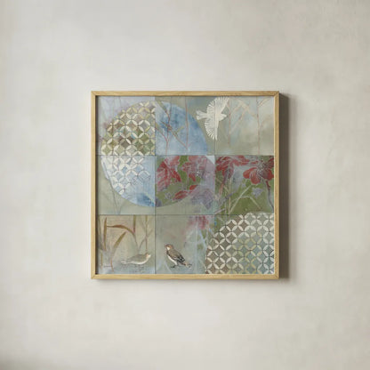 Bird Abstract by Kathrine Lovell. Shown in a natural wood glass frame for a timeless modern aesthetic. Available as an archival giclee rolled canvas, fine art paper, or poster print. SKU 42546a.