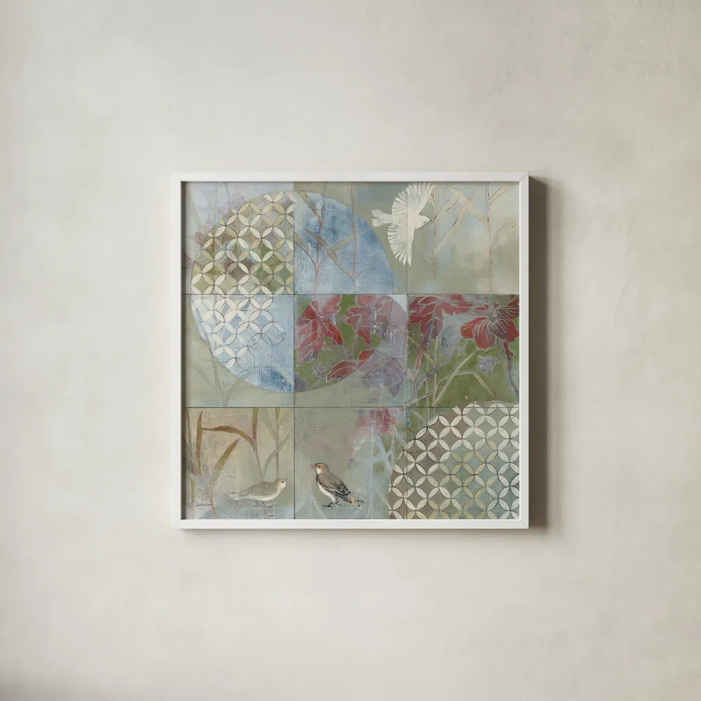 Bird Abstract by Kathrine Lovell. Shown in a crisp white glass frame for a clean and minimalist style. Available as an archival giclee rolled canvas, fine art paper, or poster print. SKU 42546a.