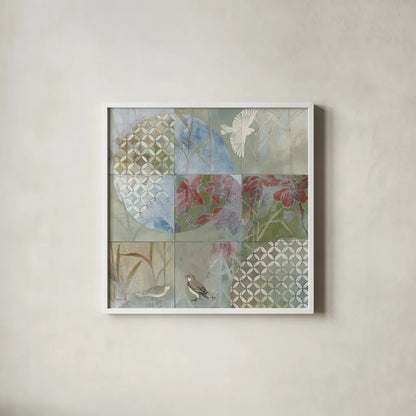 Bird Abstract by Kathrine Lovell. Shown in a crisp white glass frame for a clean and minimalist style. Available as an archival giclee rolled canvas, fine art paper, or poster print. SKU 42546a.