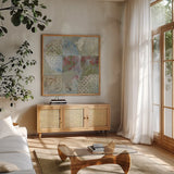 Bird Abstract by Kathrine Lovell. Shown in a natural wood frame in a cozy modern living room. Available as an archival giclee rolled canvas, fine art paper, or poster print. SKU 42546a.