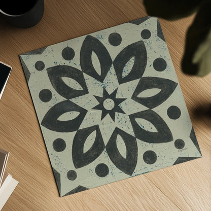 Black and White Tile I by Kathrine Lovell. Shown as a detailed flat fine art print, highlighting archival giclee quality. Available as an archival giclee rolled canvas, fine art paper, or poster print. SKU 55521a.