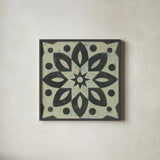 Black and White Tile I by Kathrine Lovell. Shown in a sleek black glass frame for a contemporary gallery look. Available as an archival giclee rolled canvas, fine art paper, or poster print. SKU 55521a.