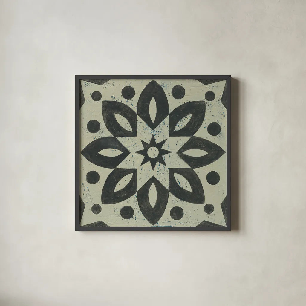 Black and White Tile I by Kathrine Lovell. Shown in a sleek black glass frame for a contemporary gallery look. Available as an archival giclee rolled canvas, fine art paper, or poster print. SKU 55521a.
