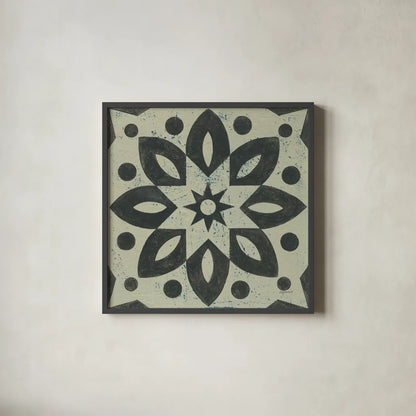 Black and White Tile I by Kathrine Lovell. Shown in a sleek black glass frame for a contemporary gallery look. Available as an archival giclee rolled canvas, fine art paper, or poster print. SKU 55521a.