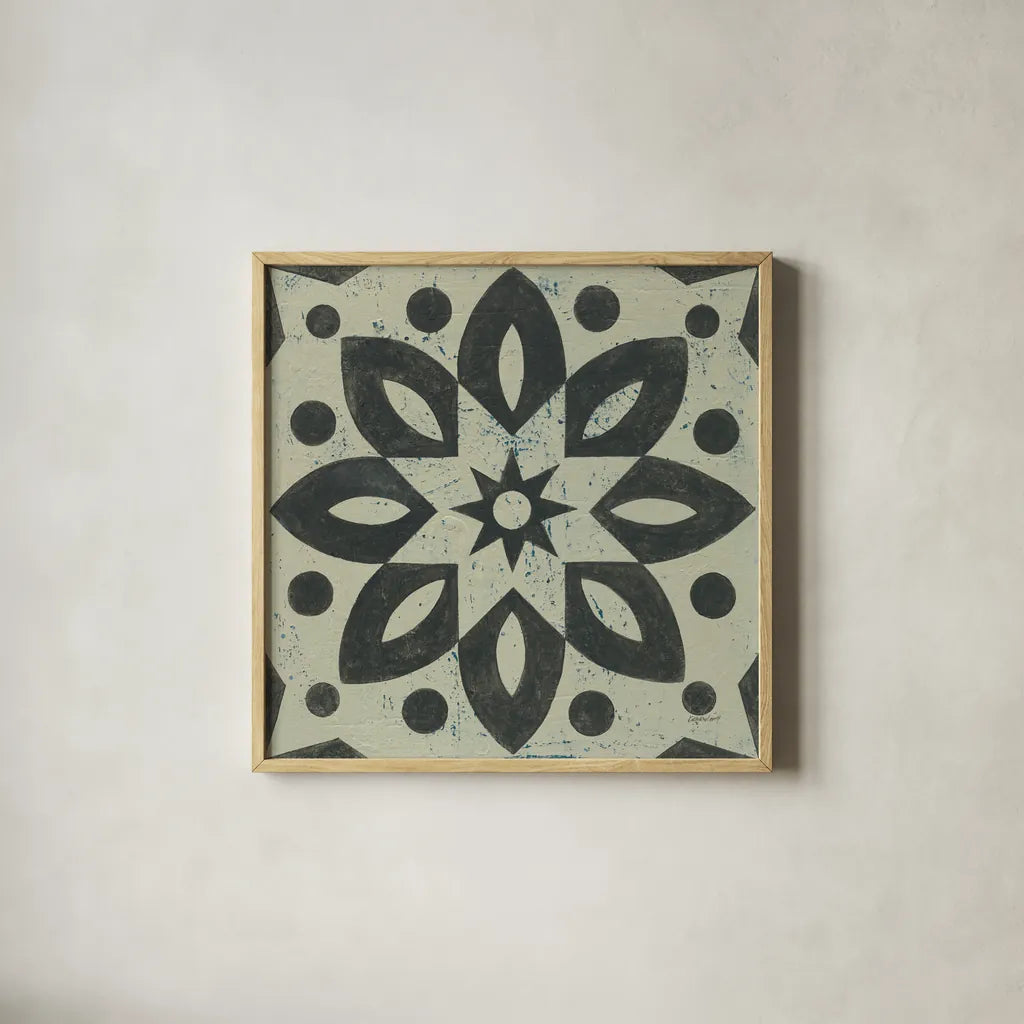 Black and White Tile I by Kathrine Lovell. Shown in a natural wood glass frame for a timeless modern aesthetic. Available as an archival giclee rolled canvas, fine art paper, or poster print. SKU 55521a.