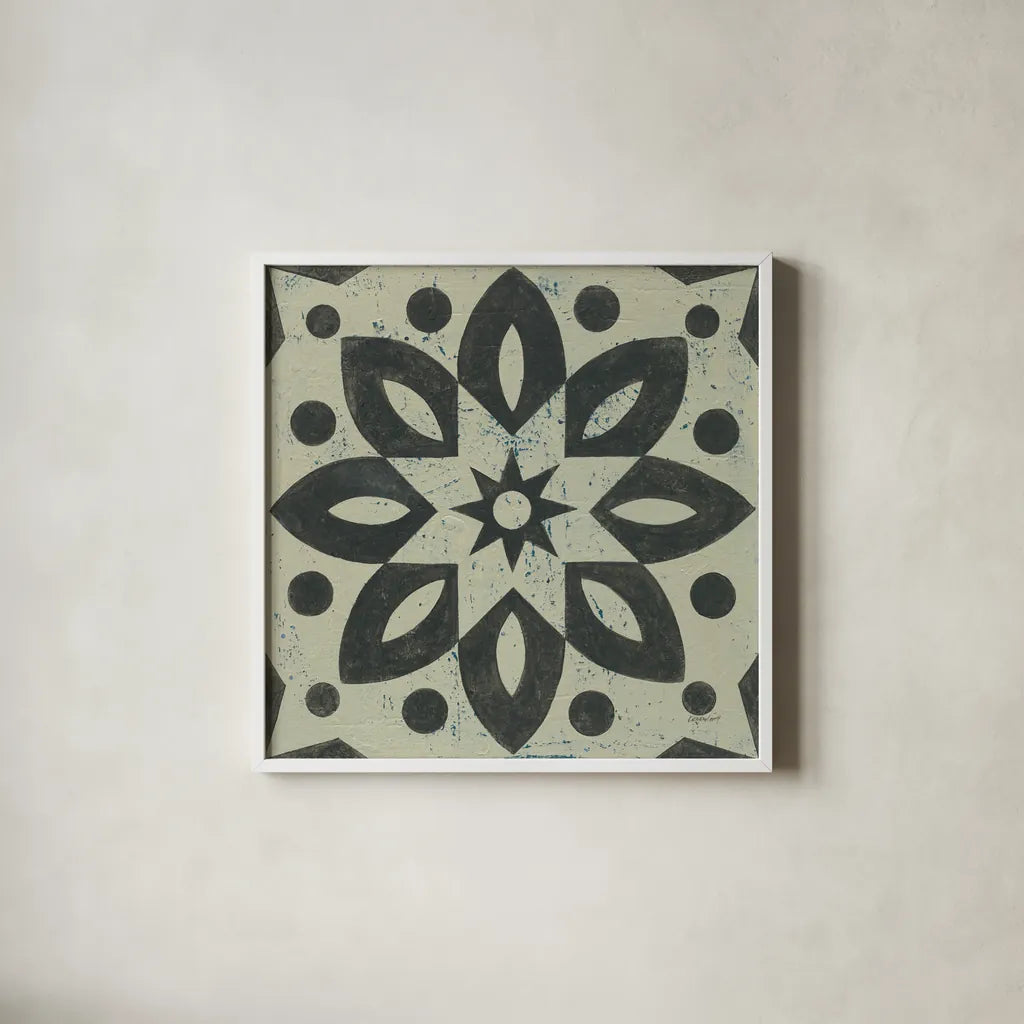 Black and White Tile I by Kathrine Lovell. Shown in a crisp white glass frame for a clean and minimalist style. Available as an archival giclee rolled canvas, fine art paper, or poster print. SKU 55521a.