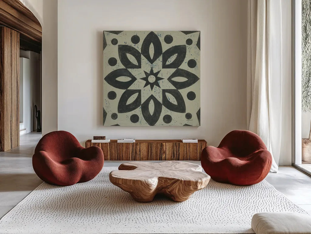 Black and White Tile I by Kathrine Lovell. Shown as extra-large giant wall art in a modern living room. Available as an archival giclee rolled canvas, fine art paper, or poster print. SKU 55521a.