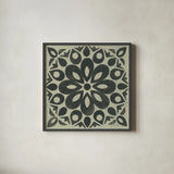 Black and White Tile III by Kathrine Lovell. Shown in a sleek black glass frame for a contemporary gallery look. Available as an archival giclee rolled canvas, fine art paper, or poster print. SKU 55523a.