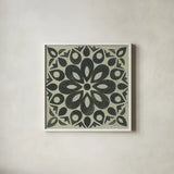 Black and White Tile III by Kathrine Lovell. Shown in a crisp white glass frame for a clean and minimalist style. Available as an archival giclee rolled canvas, fine art paper, or poster print. SKU 55523a.