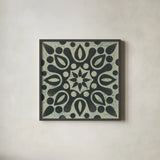 Black and White Tile IV by Kathrine Lovell. Shown in a sleek black glass frame for a contemporary gallery look. Available as an archival giclee rolled canvas, fine art paper, or poster print. SKU 55524a.