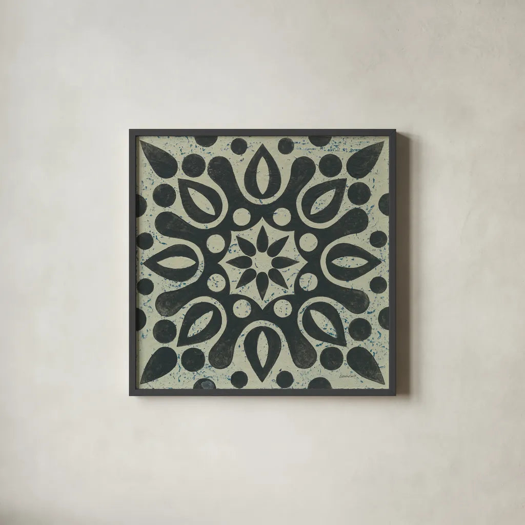 Black and White Tile IV by Kathrine Lovell. Shown in a sleek black glass frame for a contemporary gallery look. Available as an archival giclee rolled canvas, fine art paper, or poster print. SKU 55524a.