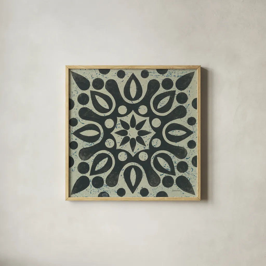 Black and White Tile IV by Kathrine Lovell. Shown in a natural wood glass frame for a timeless modern aesthetic. Available as an archival giclee rolled canvas, fine art paper, or poster print. SKU 55524a.