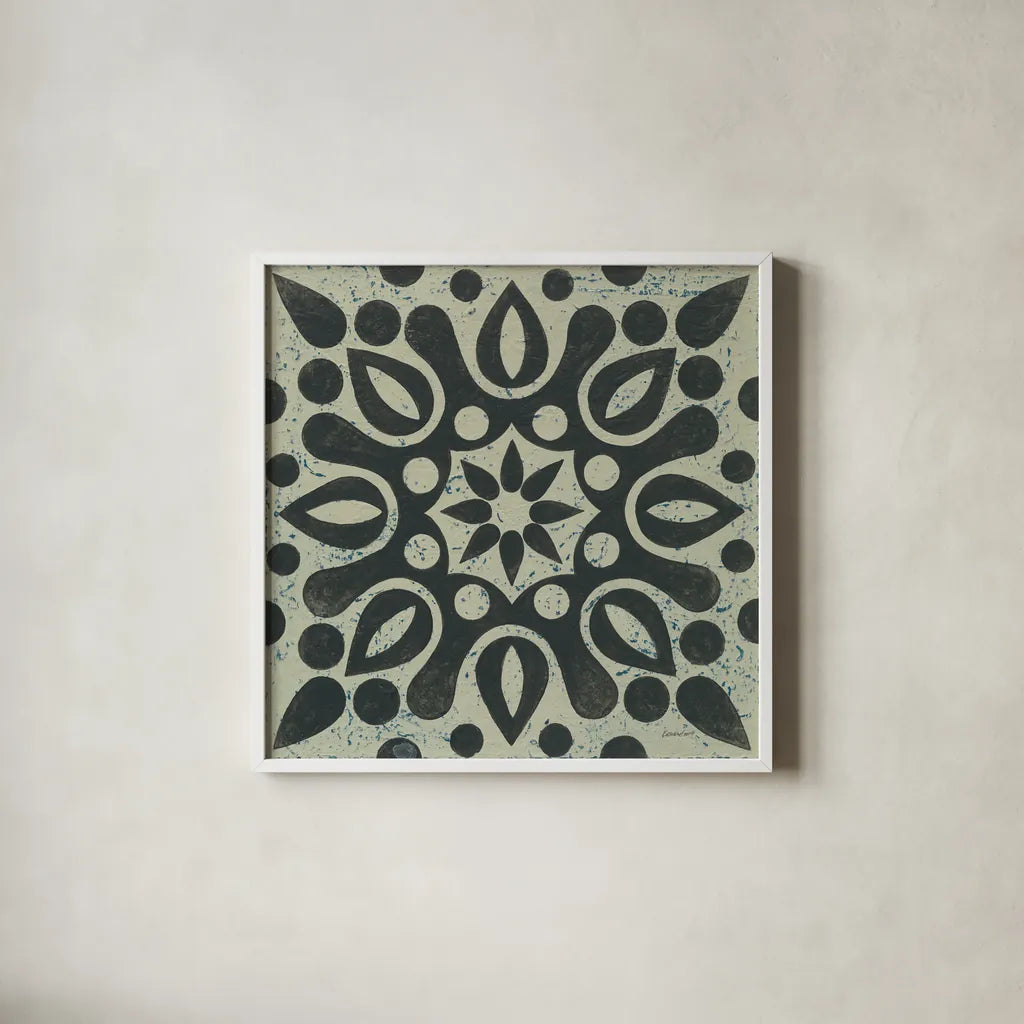 Black and White Tile IV by Kathrine Lovell. Shown in a crisp white glass frame for a clean and minimalist style. Available as an archival giclee rolled canvas, fine art paper, or poster print. SKU 55524a.