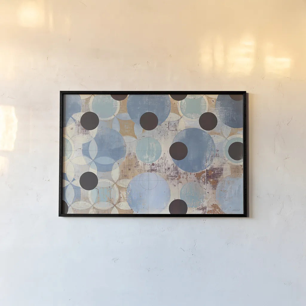 Blue Dots by Kathrine Lovell. shown as a paper print in a black flame. Available as a archival giclee rolled canvas, fine art paper, or poster print. SKU 22747i.