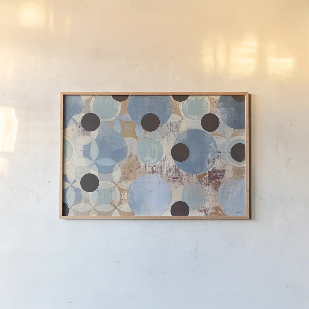 Blue Dots by Kathrine Lovell. shown as a paper print in a natural frame. Available as a archival giclee rolled canvas, fine art paper, or poster print. SKU 22747i.