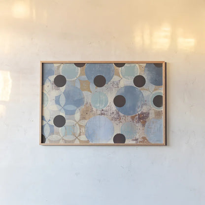 Blue Dots by Kathrine Lovell. shown as a paper print in a natural frame. Available as a archival giclee rolled canvas, fine art paper, or poster print. SKU 22747i.