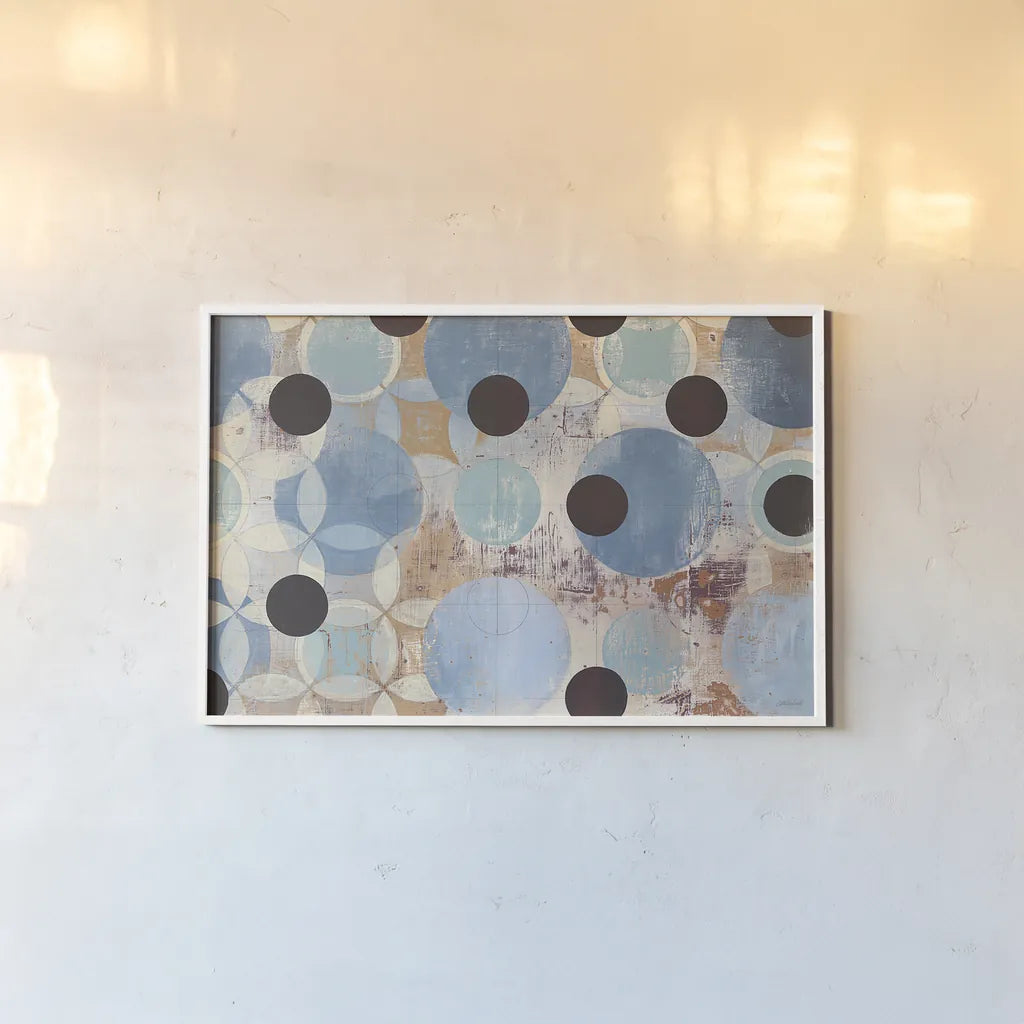 Blue Dots by Kathrine Lovell. shown as a paper print in a white frame. Available as a archival giclee rolled canvas, fine art paper, or poster print. SKU 22747i.